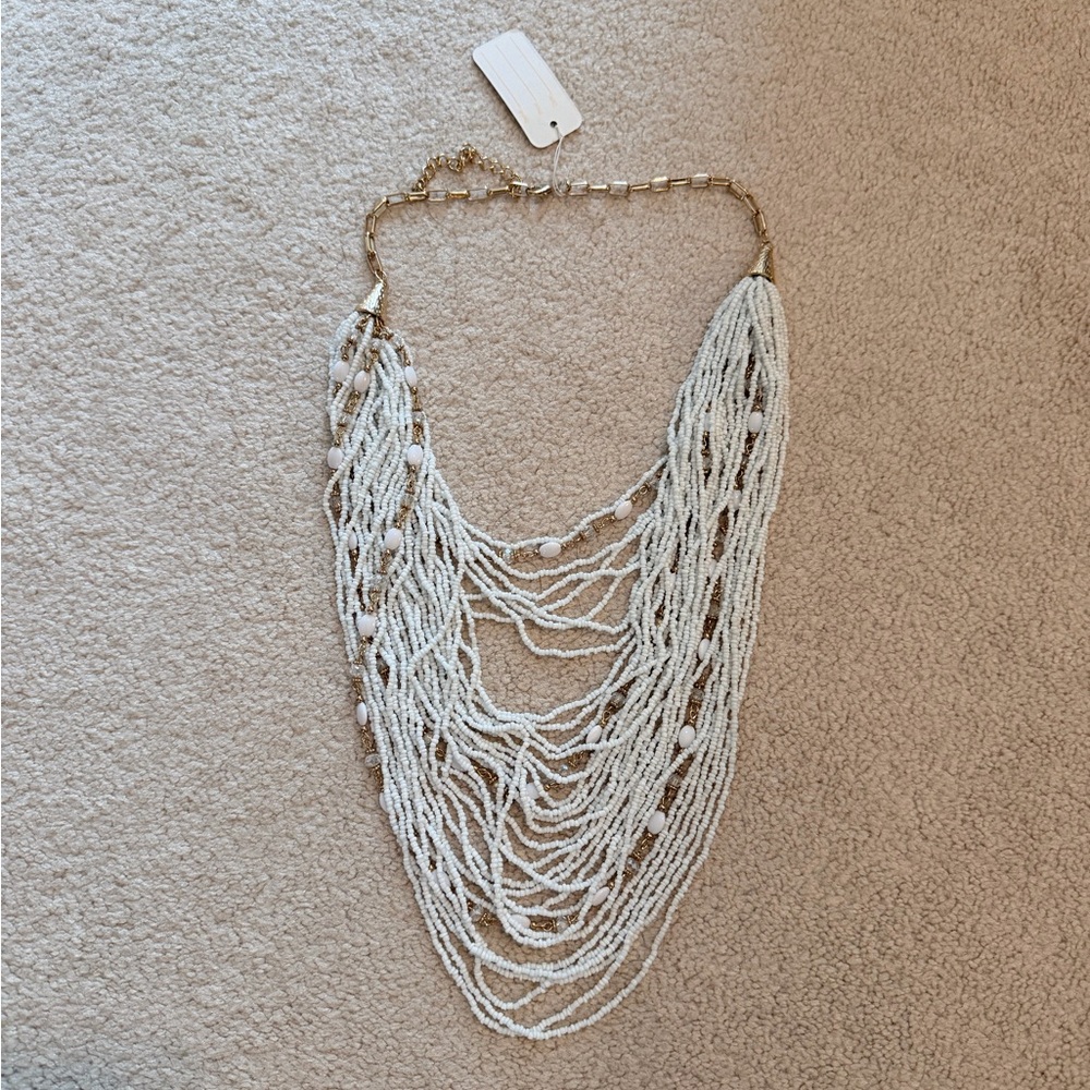 Elegant Multi-Strand White Beaded Necklace with Gold Chain